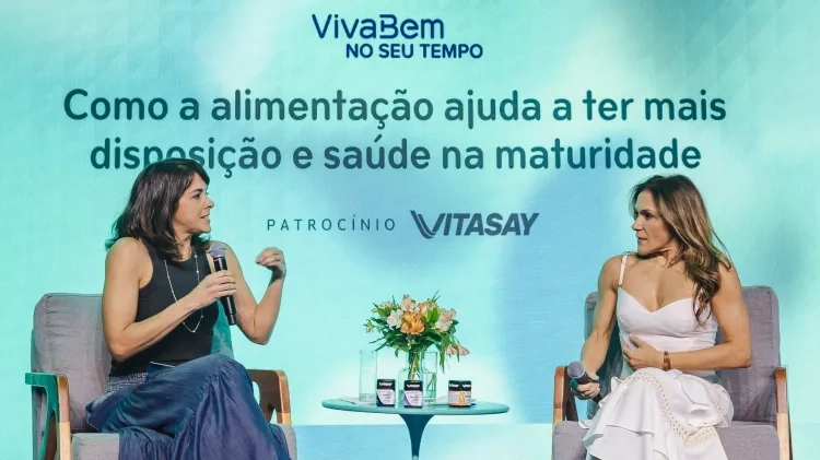 Painel do VivaBem no Seu Tempo com patrocínio Vitasay sobre alimentação, saúde e disposição na maturidade.